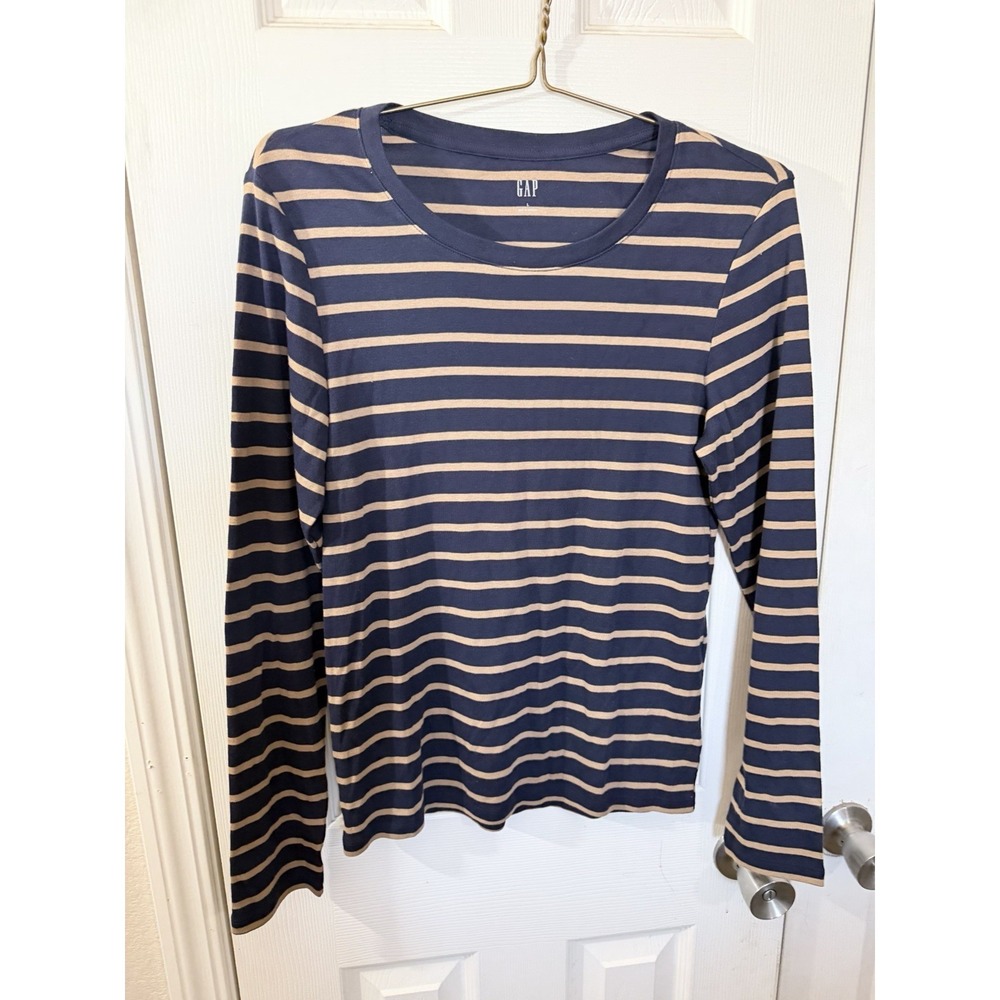 Gap Womens Long Sleeve T-Shirt Navy Blue Tan Striped Crew Neck Large